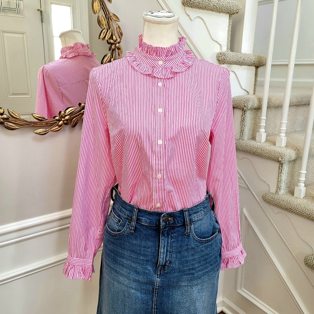 New! J Crew sz S Ruffleneck Classic Shirt Pink Striped Top Shirt Blouse NWT
